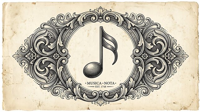 Vintage music note illustration in ornate baroque frame on aged paper