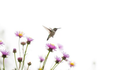 Naklejka premium Hummingbird Hovering Near Pink Flowers Against a Soft White Background
