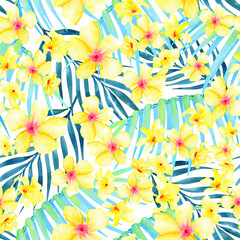 Hawaiian seamless print. Tropical plumeria flowers and palm leaves on a white background  © AineGing