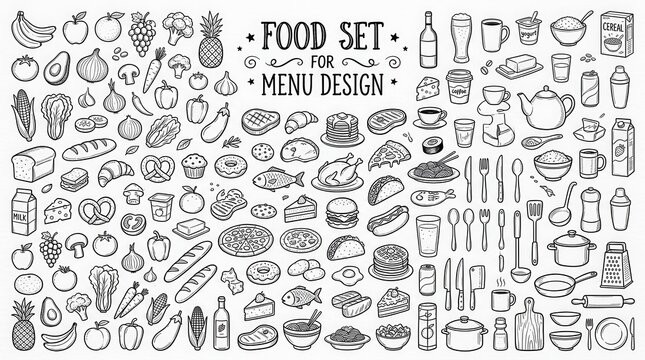 Hand Drawn Food and Drink Icon Set for Menu Design - Large Collection of Vector Doodles with Fruits Vegetables and Kitchenware