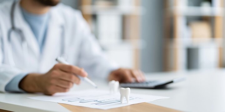 Dentist analyzing dental charts with tooth models