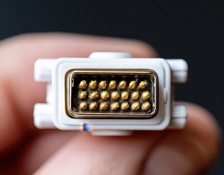 A white vga male connector held in fingers