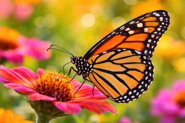 Obraz premium Monarch Butterfly Feeding on Bright Pink Flower in Vibrant Garden Setting