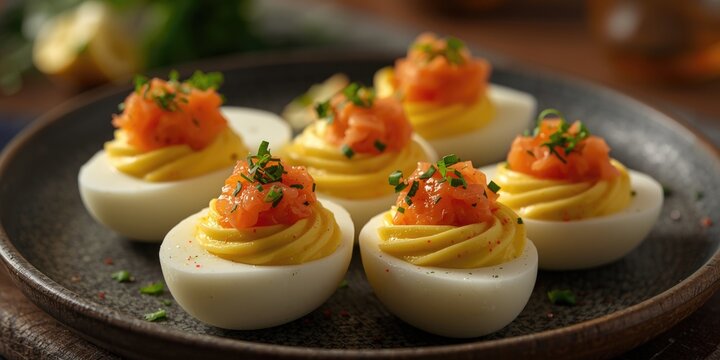 Deviled Eggs Topped with Smoked Salmon and Fresh Herbs on a Dark Plate