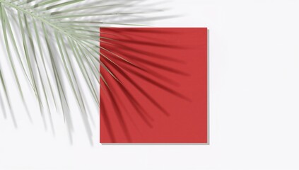 Fototapeta premium Red Square with Palm Leaf Shadow on White Background