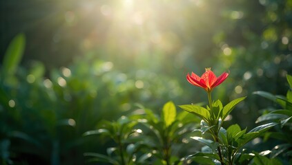 Obraz premium Red Flower Blooming in a Lush Garden with Soft Sunlight