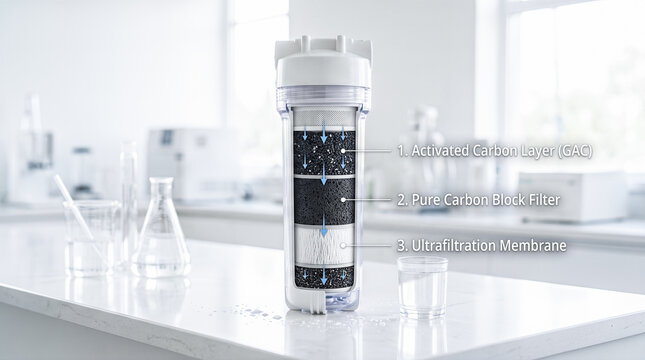 Water purification filter cross section model displaying activated carbon layers and ultrafiltration membrane inside clear plastic housing upon white laboratory counter