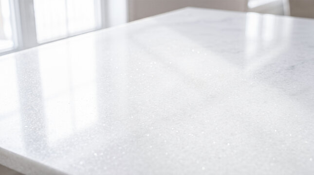 White sparkling stone countertop surface reflecting bright daylight from nearby window indoors modern residential kitchen remodeling home interior renovation empty clean glossy workspace