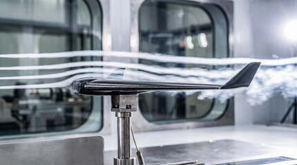 Fototapeta premium Carbon fiber airplane wing model mounted inside modern wind tunnel facility displaying white smoke trail airflow aerodynamics testing engineering laboratory research equipment