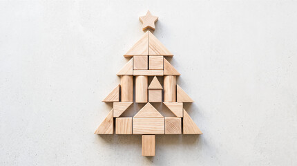 Fototapeta premium Flat lay arrangement featuring blank wooden building blocks shaped into festive holiday tree form topped with crafted star over light gray textured background surface