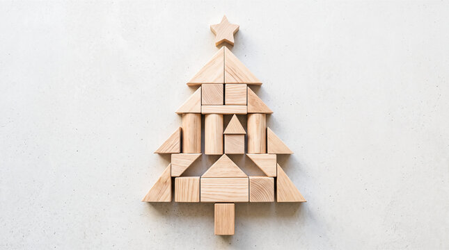 Flat lay arrangement featuring blank wooden building blocks shaped into festive holiday tree form topped with crafted star over light gray textured background surface