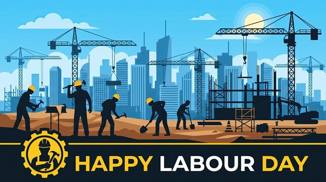 Happy Labour Day construction workers silhouettes city skyline banner