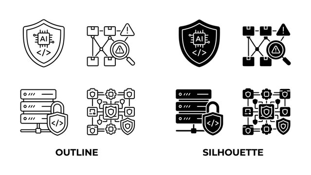 AI Security Icons: A set of clean, modern icons representing Artificial Intelligence security, featuring shields, code symbols, server racks, and interconnected nodes.