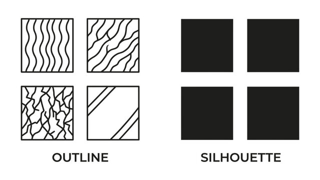 Graphic Design Elements: A set of four squares each containing a distinct graphic element, presented side-by-side to illustrate contrasting visual styles.