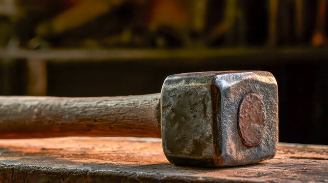 Worn blacksmith hammer with rusted striking face resting on a workbench in warm forge light
