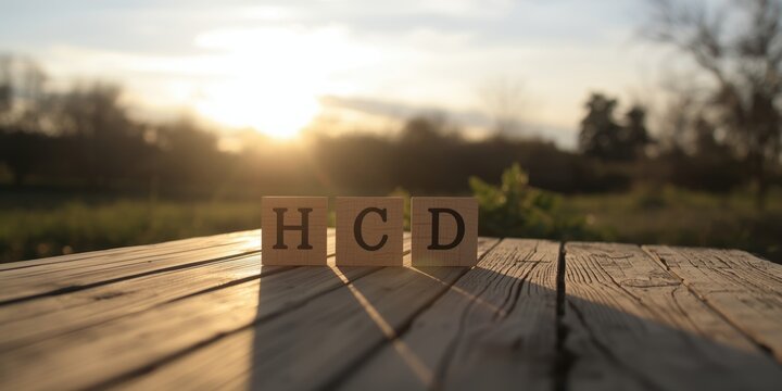 Wooden Blocks Spell HCD on a Table with Sunset Background