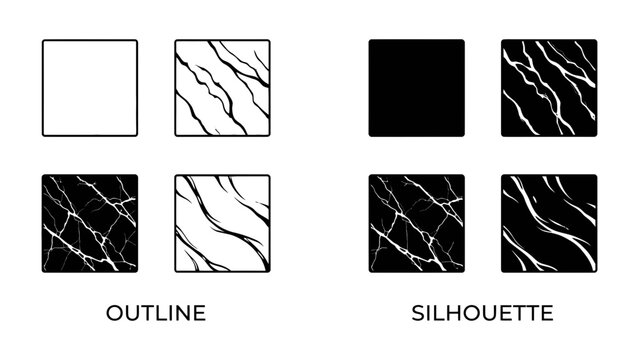 Marble Texture Variations: A set of four squares displaying marble textures, with two in outline style showing white veins on a black background and two in silhouette style.