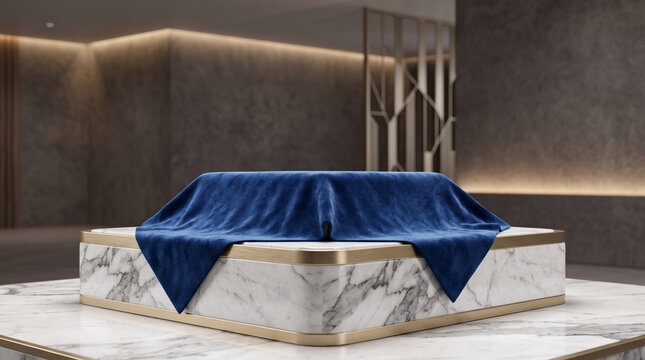 Luxury marble podium with gold accents for high-end events. Elegant stage platform featuring premium stone and metallic trim for galas and ceremonies.