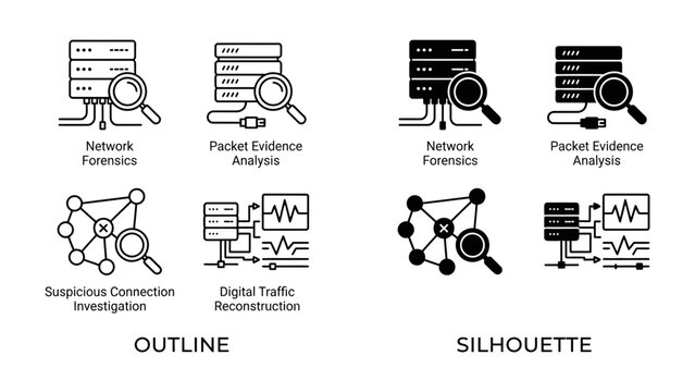 Network Forensics Icons: A set of clean, modern icons representing network forensics, packet evidence analysis, suspicious connection investigation, and digital traffic reconstruction.