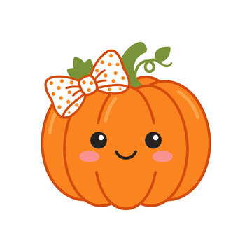 Cute pumpkin vector illustration with smiling face and polka dot bow. Kawaii autumn squash character for Halloween and Thanksgiving decor. isolated on White Background halloween