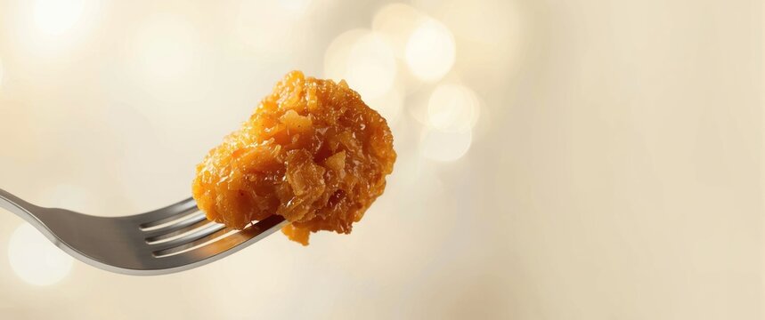 Crispy Chicken Bite on a Fork with Soft Background Bokeh