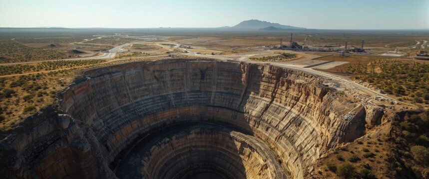 Aerial View of a Deep Open Pit Mine with Surrounding Landscape during Daylight