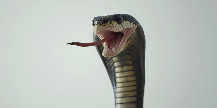 Closeup of Snake with Open Mouth and Flicking Tongue on Light Background