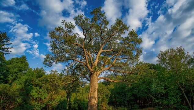 Majestic Tree Standing Tall Under a Bright Blue Sky with Clouds