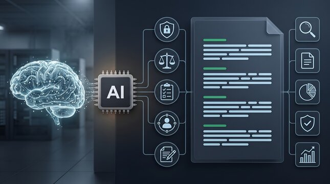 Corporate governance framework for technology displaying glowing brain connected to automated regulatory policy interface