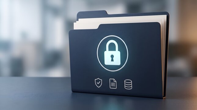 Enterprise information security concept featuring locked digital folder for confidential data protection