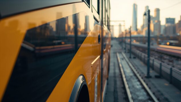 Urban Bus in Motion on Tracks with City Skyline at Sunset