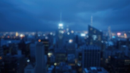 Fototapeta premium Blurry City Skyline at Dusk with Blue Tones and Urban Lights