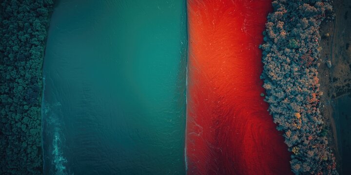 Aerial View of Two Rivers Merging with Contrasting Colors and Trees on the Bank