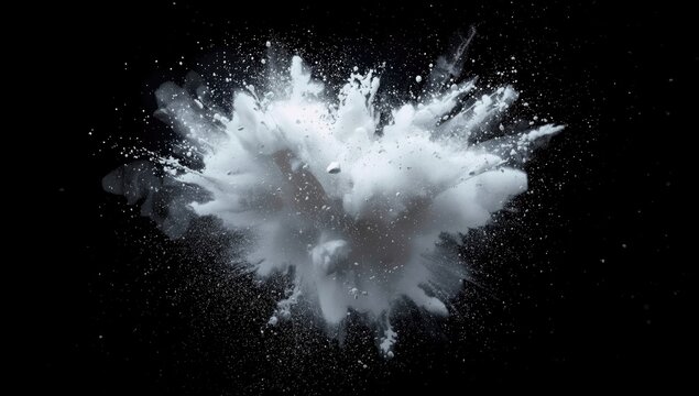 White Powder Explosion on Black Background with Dynamic Splash Effects