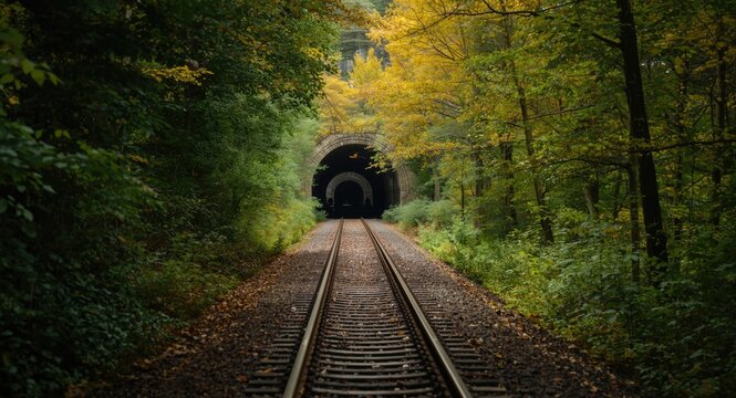 Railway Tracks Leading to a Tunnel Surrounded by Autumn Foliage