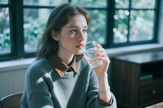 Young adult Caucasian woman drinking water while sitting indoors, suggesting hydration and self care. Suitable for wellness campaigns, healthy lifestyle content, medium shot