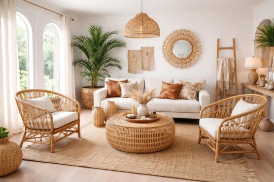 Cozy Bohemian Living Room with Rattan Furniture and Natural Light