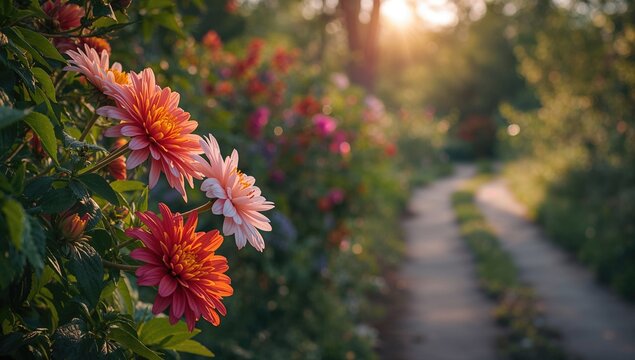 Colorful Flowers Blooming Along a Garden Path at Sunset