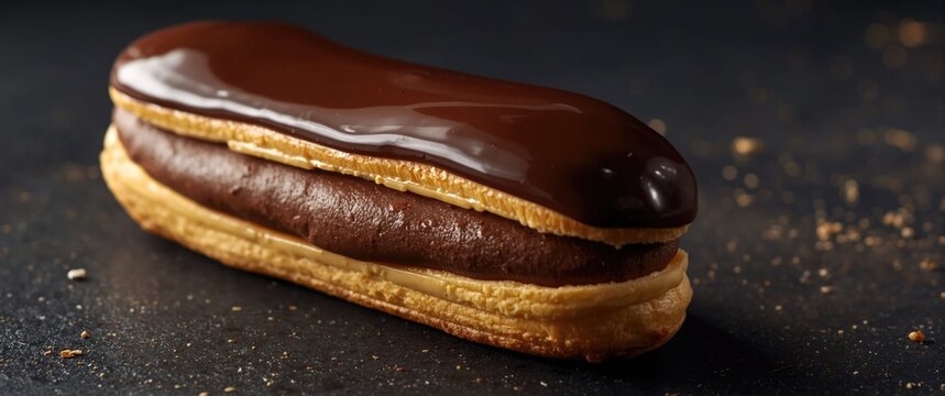 Chocolate Eclair on a Dark Background with a Glossy Finish