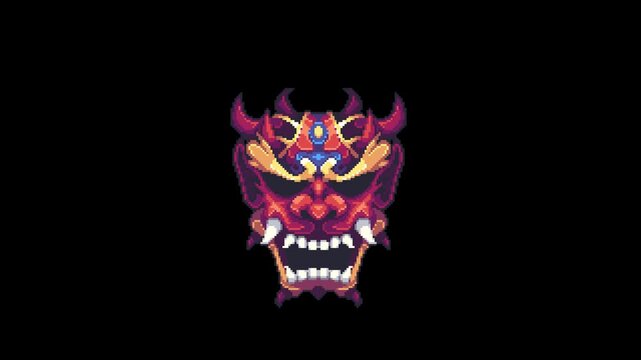 Pixel Art Oni Demon Mask Animation Seamless Loop Fantasy Japanese Mask