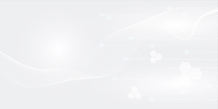 White grey background of science technology concept with connection lines, light particles and hexagon shapes. For clean digital network, modern medical science, presentation, poster, banner