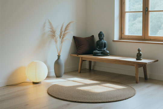 Wide angle shot of minimalist meditation corner featuring Buddha statues, bench, lamp, rug, promoting mindfulness and home wellness. Supporting spa, yoga, interior branding use