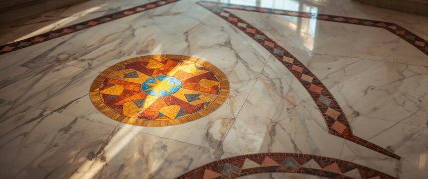Ornate Mosaic Pattern on Marble Flooring with Sunlight Reflection