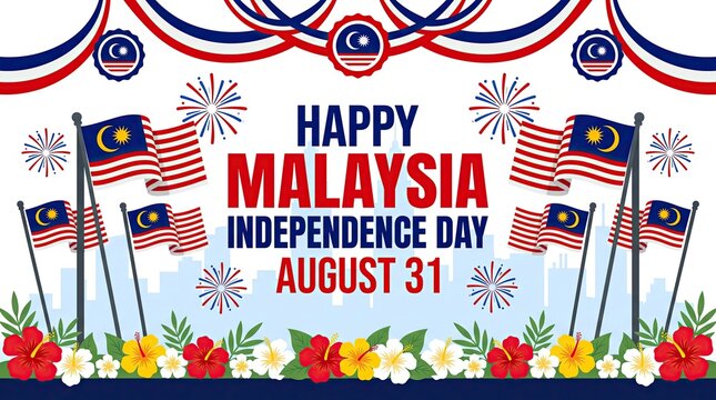 Happy Malaysia Independence Day August 31 flags and hibiscus banner