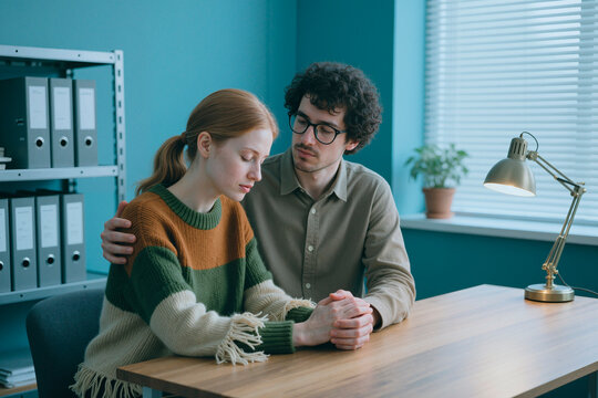 Young adult Caucasian woman sitting with downcast gaze while young adult Caucasian man holding her hand and comforting her. Useful for counseling, mental health, support services