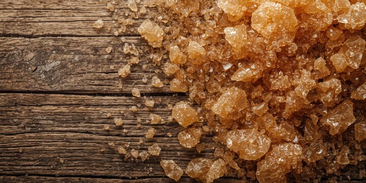 Brown Sugar Crystals Piled on Rustic Wooden Surface