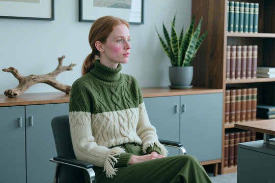 Young adult Caucasian woman sitting in consultation room, listening thoughtfully during meeting, conveying therapy or counseling concept. Useful for mental health, support service marketing