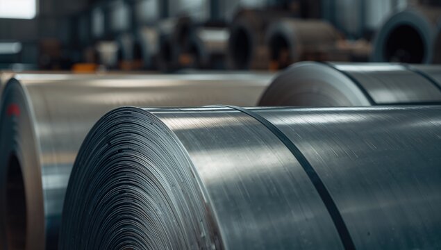 Closeup of Metallic Coils in a Warehouse with Soft Lighting