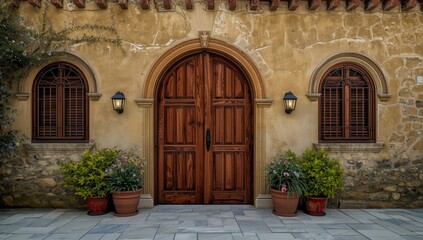 Fototapeta premium Rustic Wooden Doors with Potted Plants and Stone Wall in Warm Light
