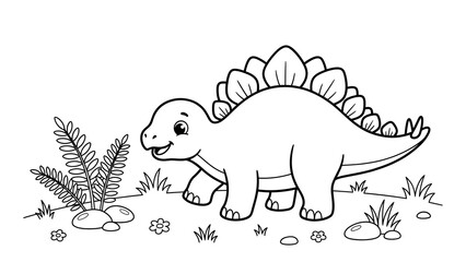 Cute stegosaurus dinosaur coloring page for kids featuring a friendly prehistoric creature in a simple nature scene © Jihuuu